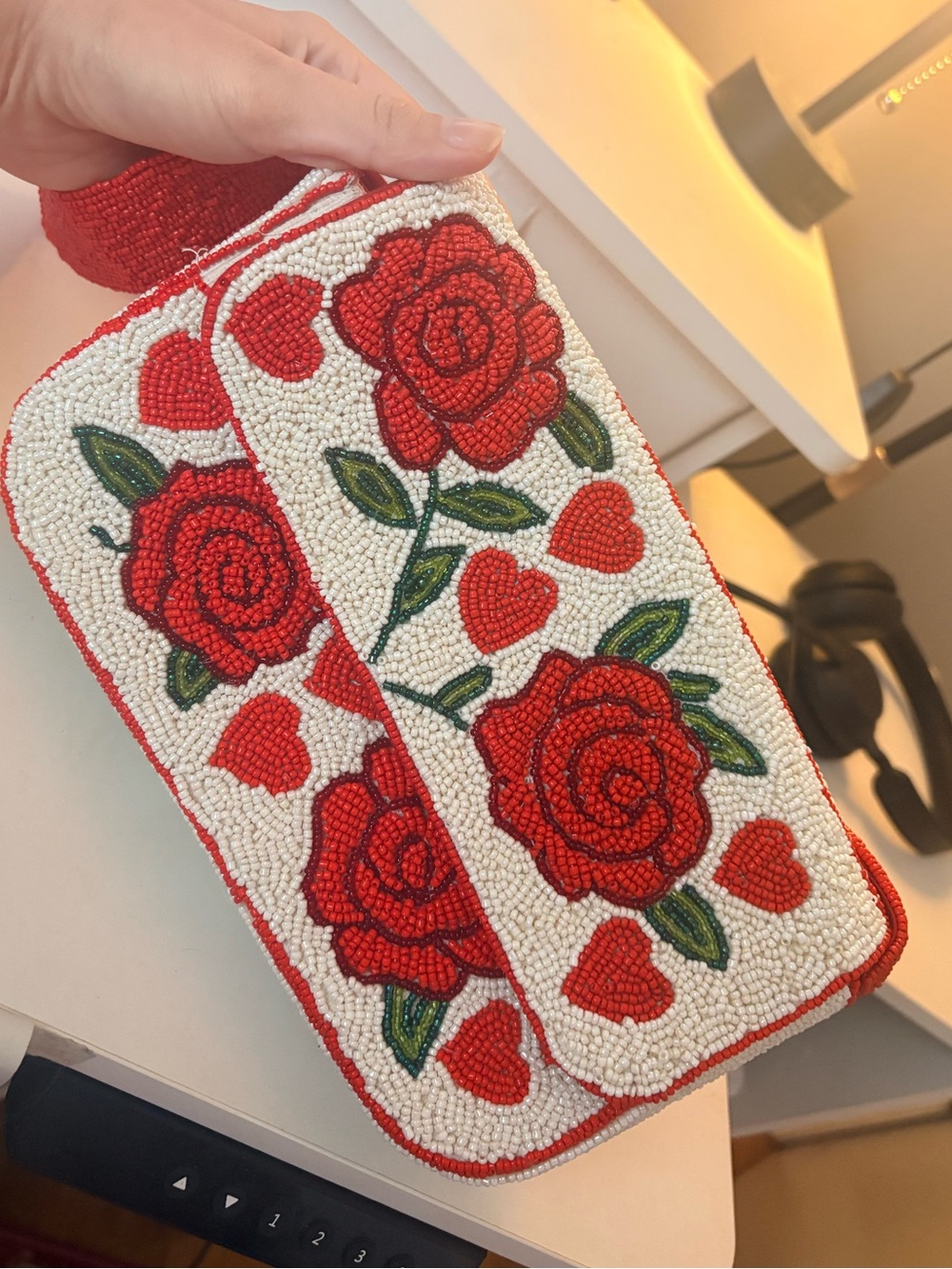 Francesca's Collections White Beaded Crossbody with Red Rose & Heart Motif